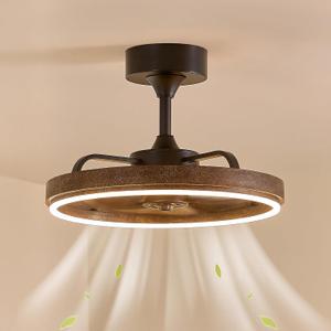 Farmhouse Fandelier Retro Ceiling Fan with Light, 20" Rustic Brown Dimmable LED Chandelier Ceiling Fans, Low Profile Smart Bladeless Ceiling Fan Lights 6 Speeds for Bedroom, Living Room, 19.7 Inch