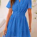 PRETTYGARDEN Womens 2025 Summer Short Dress V Neck Short Sleeve A Line Hollow Out Lace Ruffle Cute Casual Beach Party Dresses (Blue, L)