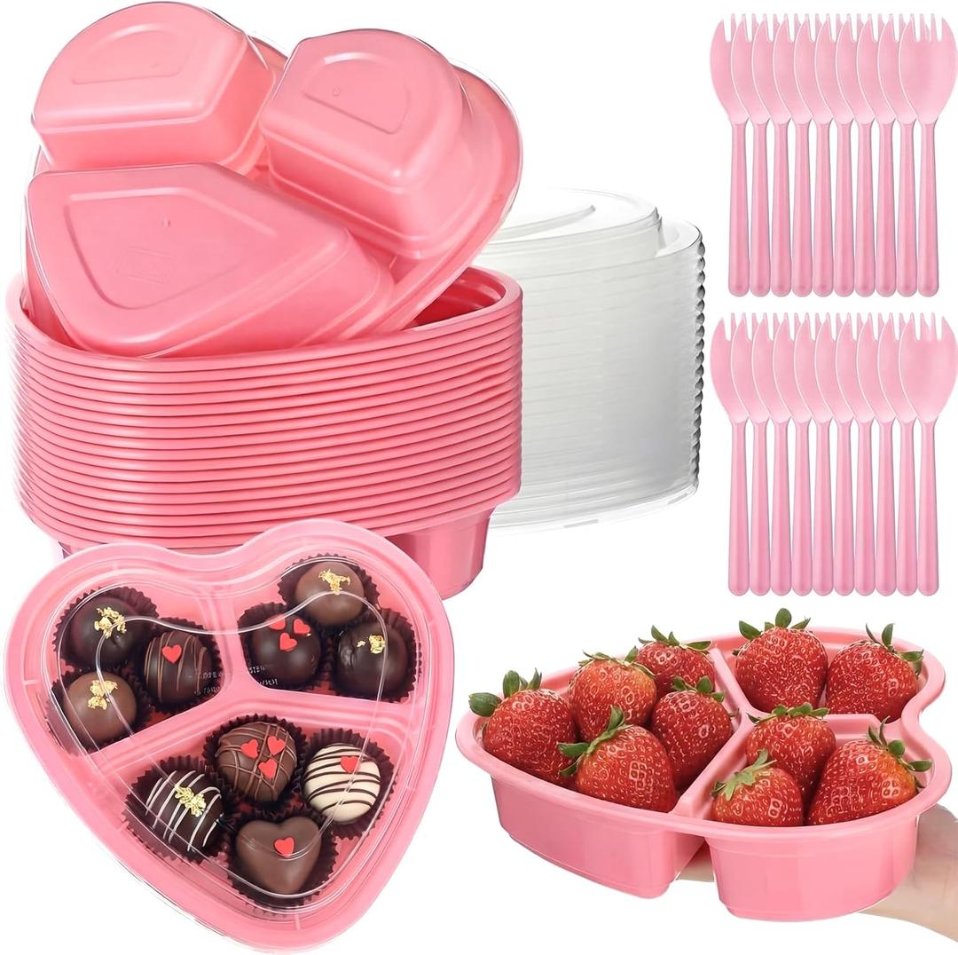 Layhit 12 Pcs Valentines Heart Containers Plastic Food Storage Containers with Lids Heart Shaped Disposable Lunch Dessert Box for Kitchen Restaurant Fruit Vegetable (Pink)