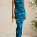PRETTYGARDEN Wedding Guest Dresses for Women Summer 2026 One Shoulder Ruched Mesh Bodycon Cocktail Beach Floral Maxi Dress (Blue, S)