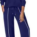 WIHOLL Lounge Sets for Women 2 Piece Fall Outfits 2025 Wide Leg Pant Matching Sets Womens Clothing (Large, Navy)