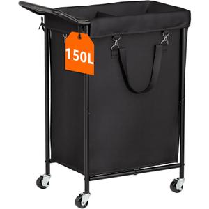 150L Laundry Basket with Wheels, Double Rolling Laundry Hamper with Metal Frame and Removable Bag, Dirty Clothes Hampers for Bedroom, Bathroom, Dorm Room, Black