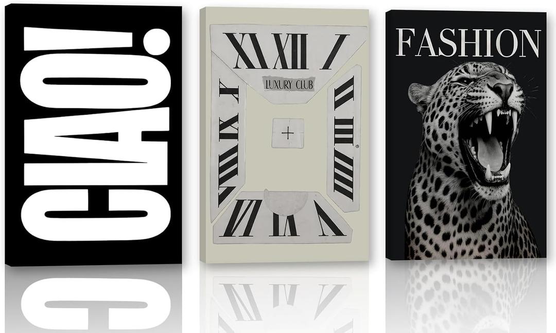 RVETNGVM 3Pcs Trendy Black And White Wall Art Wildlife Cheetah Roaring Posters Vintage Timepiece Abstract Clock Art Animal Aesthetic Prints For Living Room Bedroom Wall Decor Canvas 12"x16"