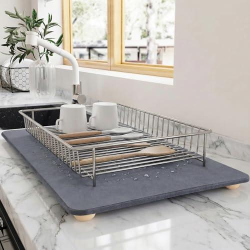 Stone Drying Mat for Kitchen Counter with 5 Wooden Feet, Dark Gray 20"L x 16"W
