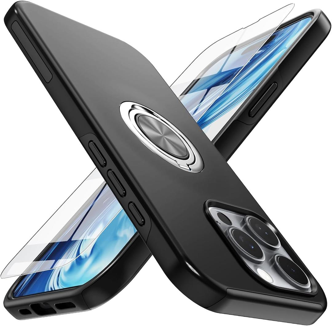 for iPhone 16 Pro Max Case with Screen Protector(Tempered Glass),Hybrid 2 in 1 Protective Slim Fit Sturdy Phone Case with Invisible Magnetic Ring Kickstand for iPhone 16 Pro Max 6.9 Inch,Black