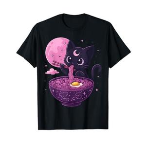 Kawaii Pastel Goth Cat Eating Ramen Under Moon Japanese T-Shirt, M
