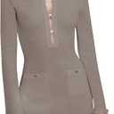 Cicy Bell Womens Knit Sweater Dress Sexy Deep V Neck Long Sleeve Button Front Frill Slim Fit Mini Dress (Medium, Khaki)