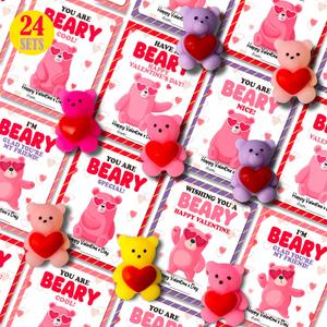Valentines Day Gifts for Kids Classroom Bear Squishes, School Party Favors Exchange with Cards 24 PCS (Red)