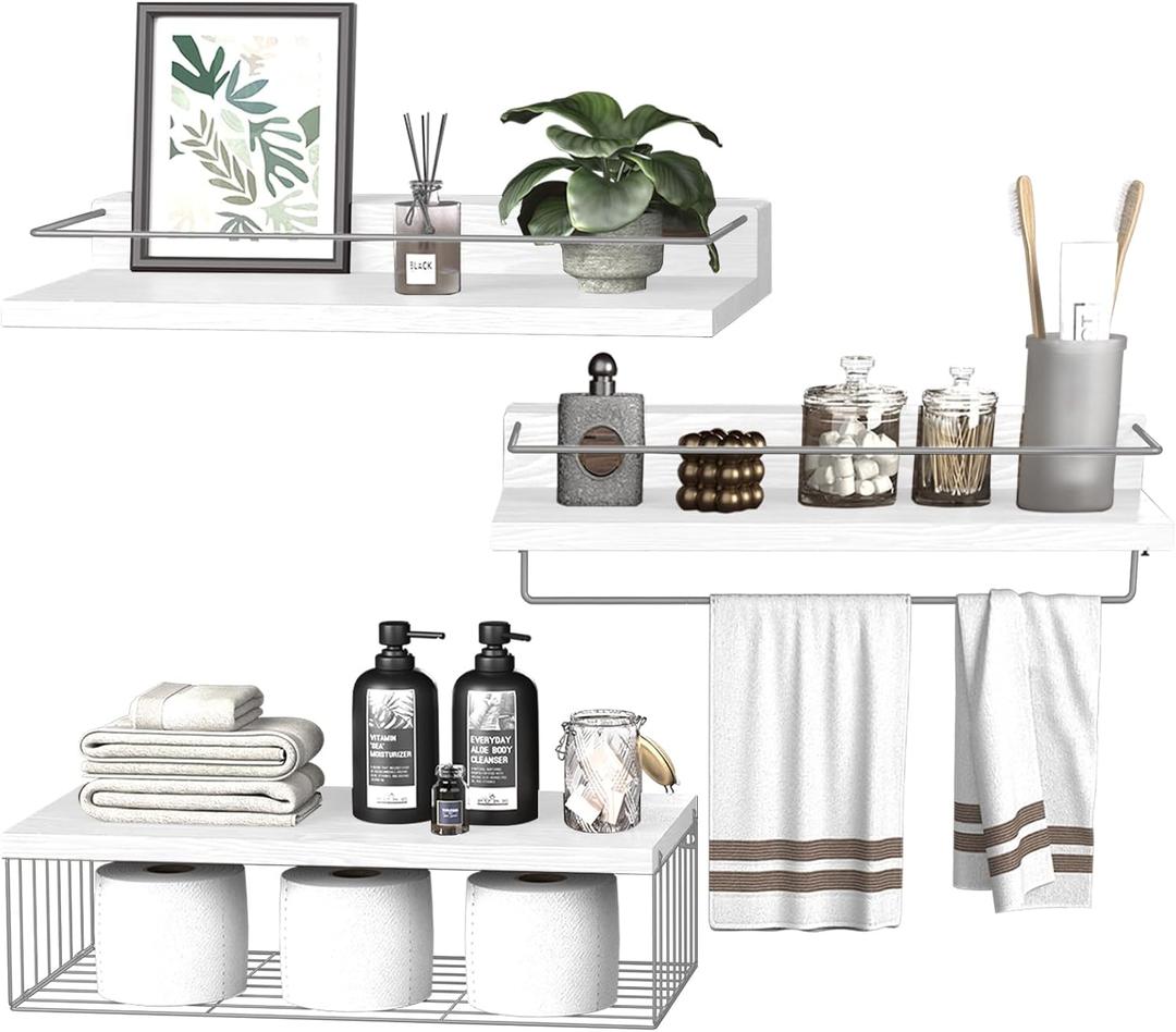 PopiShelves 22.5 inches Bathroom Shelves Over Toilet for Wall, Floating Shelves with Storage Basket Paper Holer for Kitchen Living Room, Bedroom & Classroom, Set of 3 (White and Grey)