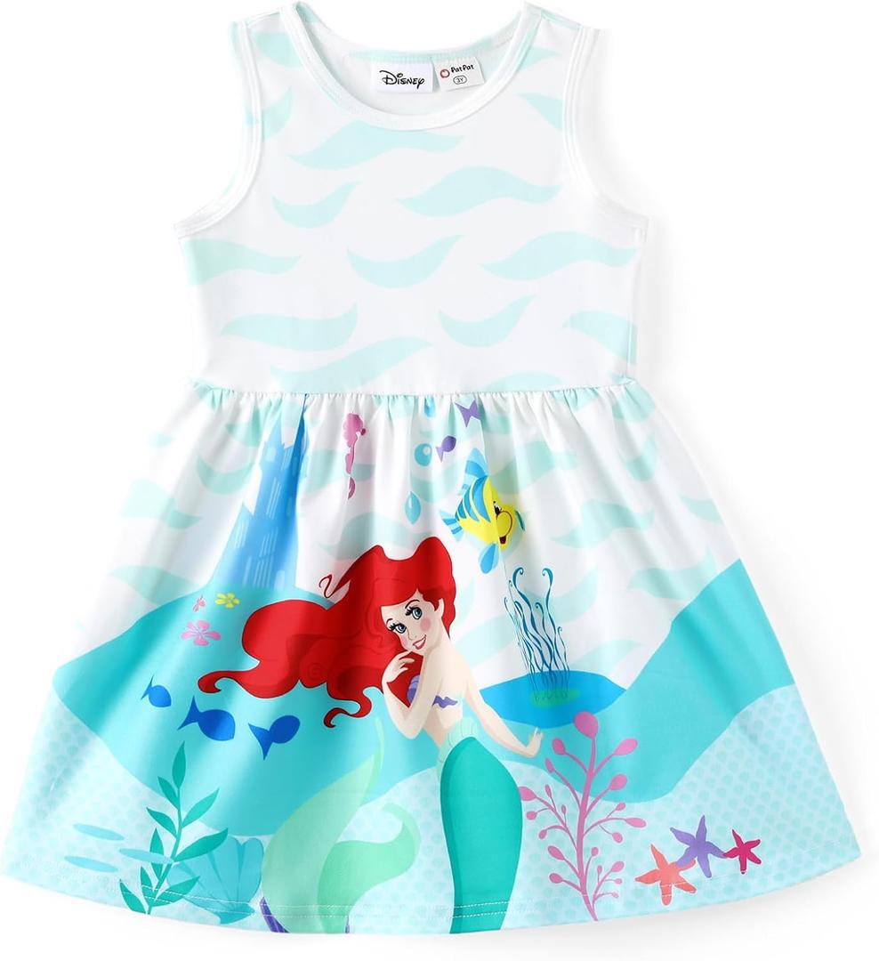 Disney Minnie Mouse Princess Frozen Elsa Stitch Girls Dress Sleeveless & Short Sleeve Casual Summer Clothes Baby to Toddler (2T, Ariel,white)