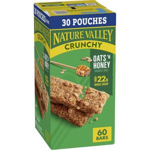 Nature Valley Crunchy Oats 'n Honey Granola Bars, 60 Bars, 44.7 OZ (30 Pouches) (EXP 05/01/26)