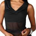 Women's Cowl Neck Sheer Tank Tops Drawstring Side Draped See Through Sleeveless Crop Top (Black, S)