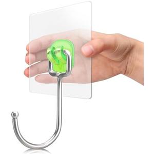 Antimbee Large Adhesive Hooks for Hanging, 20-Pack Heavy Duty Hooks 37 lb(Max), Wreath Door Hanger, Adhesive Wall Hanger fit Home, Bathroom, Kitchen, Office and Outdoor (Transparent Green)