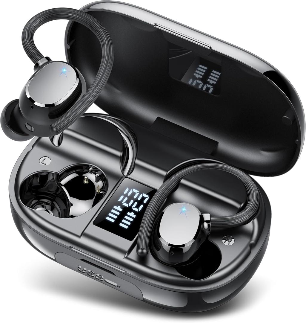 Ear buds Wireless Bluetooth Earbuds Sport 2025 NEW Bluetooth 5.3 Headphones with LED Display 128H Playtime Powerful Bass Over Ear Earphones with Earhooks IP7 Waterproof for Gym/Running/Workout (Deep Black)
