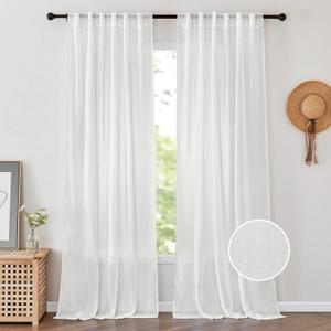 PONY DANCE Sheer Linen Curtain - Home Decorative Privacy Window Treatment Linen Curtains Elegant Rod Pocket Semi Sheer Drapes for Patio Living Room, 52 Wide x 96 Long, Ivory, 1PC