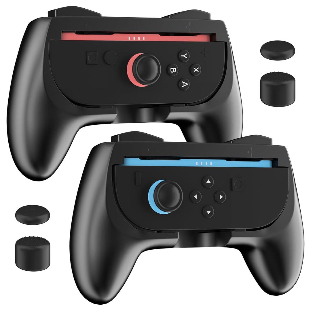 RHOTALL 2 Pack Comfort Hand Grips for Nintendo Switch 2 Controllers, Ergonomic Grips Compatible with Switch 2 joycons, Anti Slip and Wear-Resistant, 4 Thumb Caps - Black