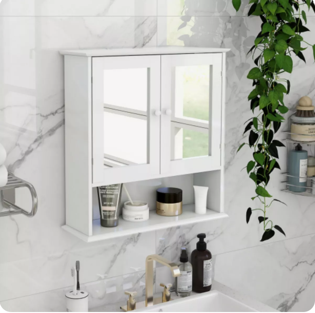 Bathroom Wall Cabinet with Doule Mirror Doors and Shelvs