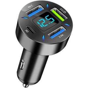 4 Ports USB Car Charger, 66W Super Fast Charging USB QC 3.0, USB Adapter Charger with LED Voltmeter for Car Cigarette Lighter Plug, Compatible with Most Cell Phone (2, PD+QC3.0+2.4A)