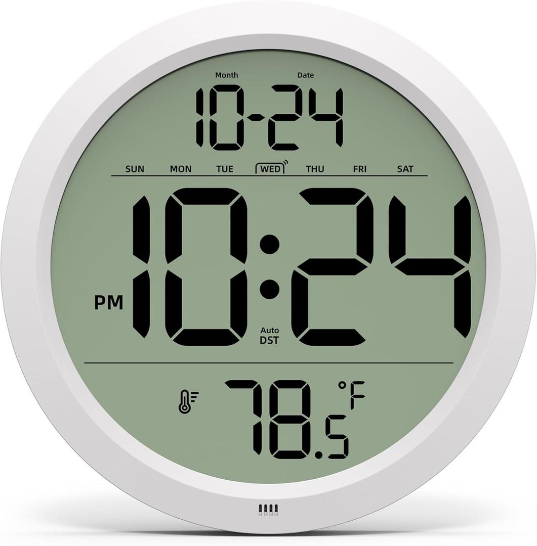 Digital Wall Clock with Date, Indoor Temperature, Auto-DST, Battery-Operated Digital Clock, 8 Inch Small Decorative Wall Clock for Bedroom, Living Room, Home, Kitchen, Office, Modern, Electric, Simple