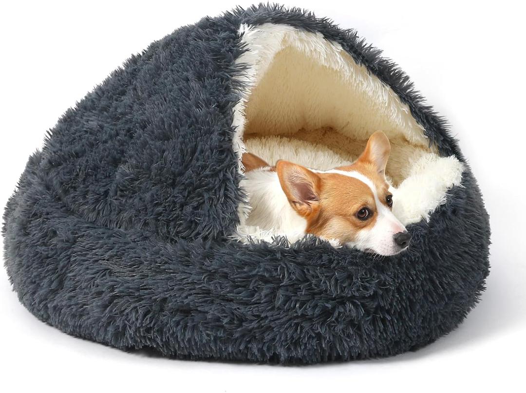 Dog Bed Round Hooded Plush Cat Cave Self Warming Pet Bed Donut Anti Anxiety Fluffy Pet Bed for Puppy and Kitty (Medium 23.6'', Dark grey)
