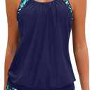 Yonique Two Piece Tankini Bathing Suits T-Back Blouson Swim Tops with Boy Shorts Women Swimsuits Sporty Swimwear (Medium, Navy Blue Leaf)
