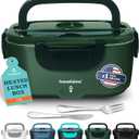 TRAVELISIMO Electric Lunch Box for Adults 100W Heated Lunch Box For Men 1.5L Stainless Steel Portable Food Warmer, 12/24/110V for Travel & Work, Loncheras Electricas Para Calentar Almuerzo (Dark Green)
