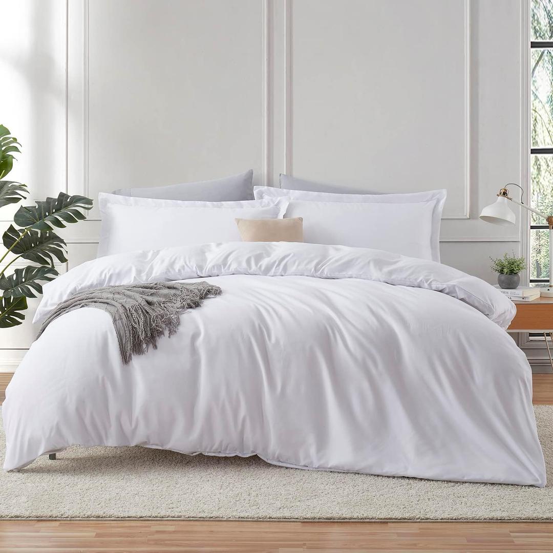 Hearth & Harbor White Duvet Cover Queen Size - 3 Piece Soft Double Brushed Bedding Set - Includes 1 Queen Duvet Cover with Button Closure 90x90 inches and 2 Pillow Shams
