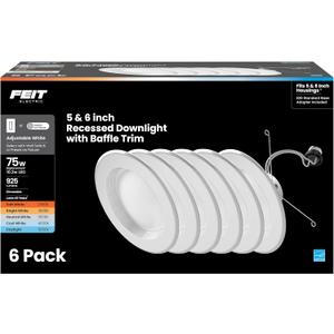 Feit Electric LED Downlight Retrofit Kit with Baffle Trim, 75W Equivalent, 5/6-Inch Dimmable Recessed Light, Adjustable White 2700K5000K, 90+ CRI, for Living, Bathroom, Dining & Kitchen Room (6 Count (Pack of 1))