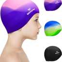 3 Pack Kids Swim Cap for Boys Girls, Unisex Silicone Swimming Caps for 3-15 Toddler Children Teen, Waterproof Bathing Caps for Short/Long Hair to Keep Hair Dry (Age 8-15, Color-02)