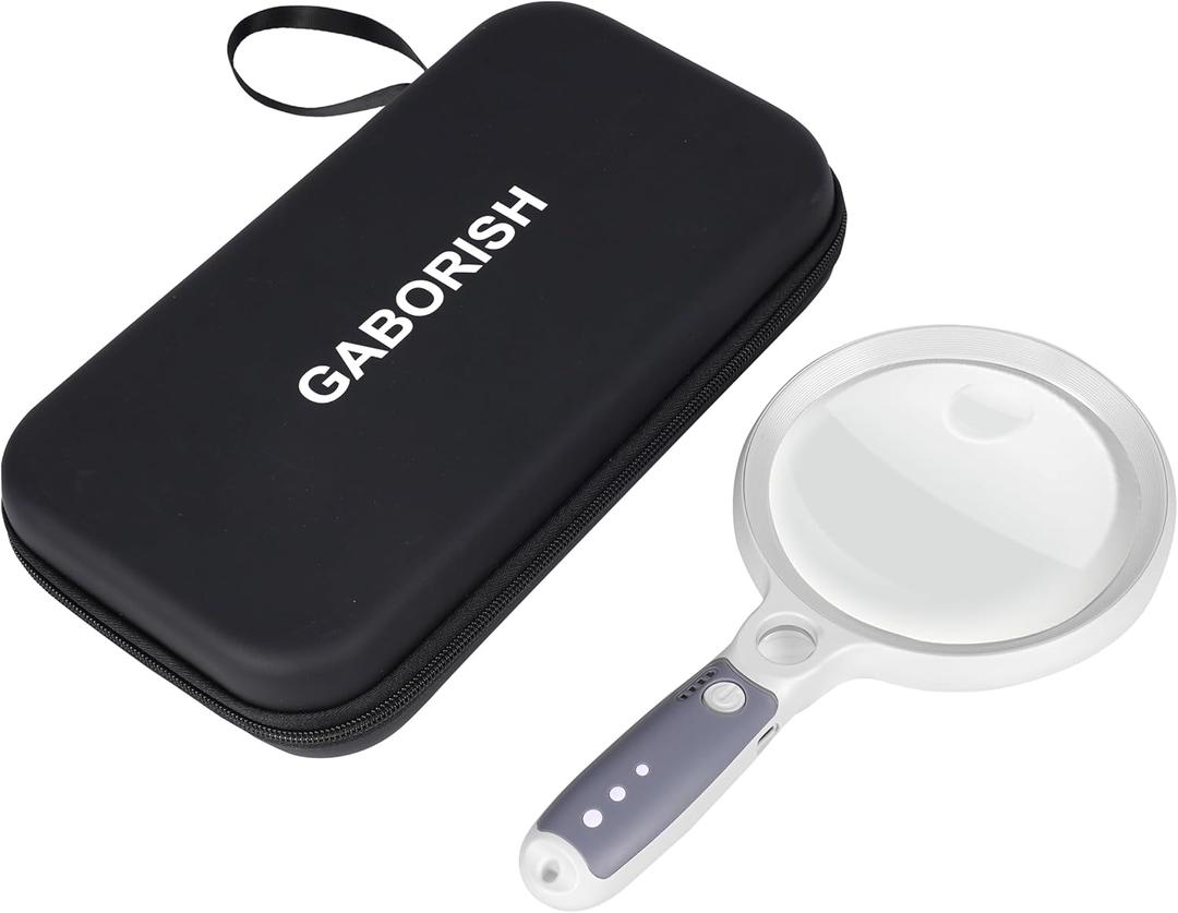 Large Magnifying Glass with 37 LED Light and Case, 10X 20X 45X Handheld Illuminated Lighted Magnifier with 3 Light Modes Rechargeable Magnifying Glass for Seniors Reading, Inspection (White & Grey)