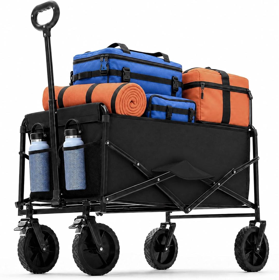 DUMOS Collapsible Wagon Cart, 330lbs Capacity, Black | Heavy Duty Foldable Utility, Detachable Brake Wheels, Flexible Handle for Beach Garden Sports Grocery Camping