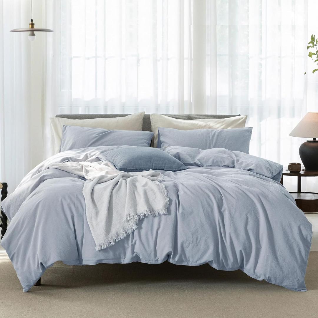 Cooling Queen Duvet Cover Set 3 Pieces-100% Washed Cotton Linen Like Textured Ultra Soft Cozy Bedding with Zipper Closure,Includes 1 Duvet Cover & 2 Pillow Shams(Light Blue,Queen 90"x90")