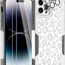[5 in 1 for iPhone 14 Pro Max Case,with 2 Pack Screen Protector + 2 Pack Camera Lens Protector,Heavy-Duty Tough Rugged Lightweight Slim Shockproof Protective Case for Women,Cute White Leopard