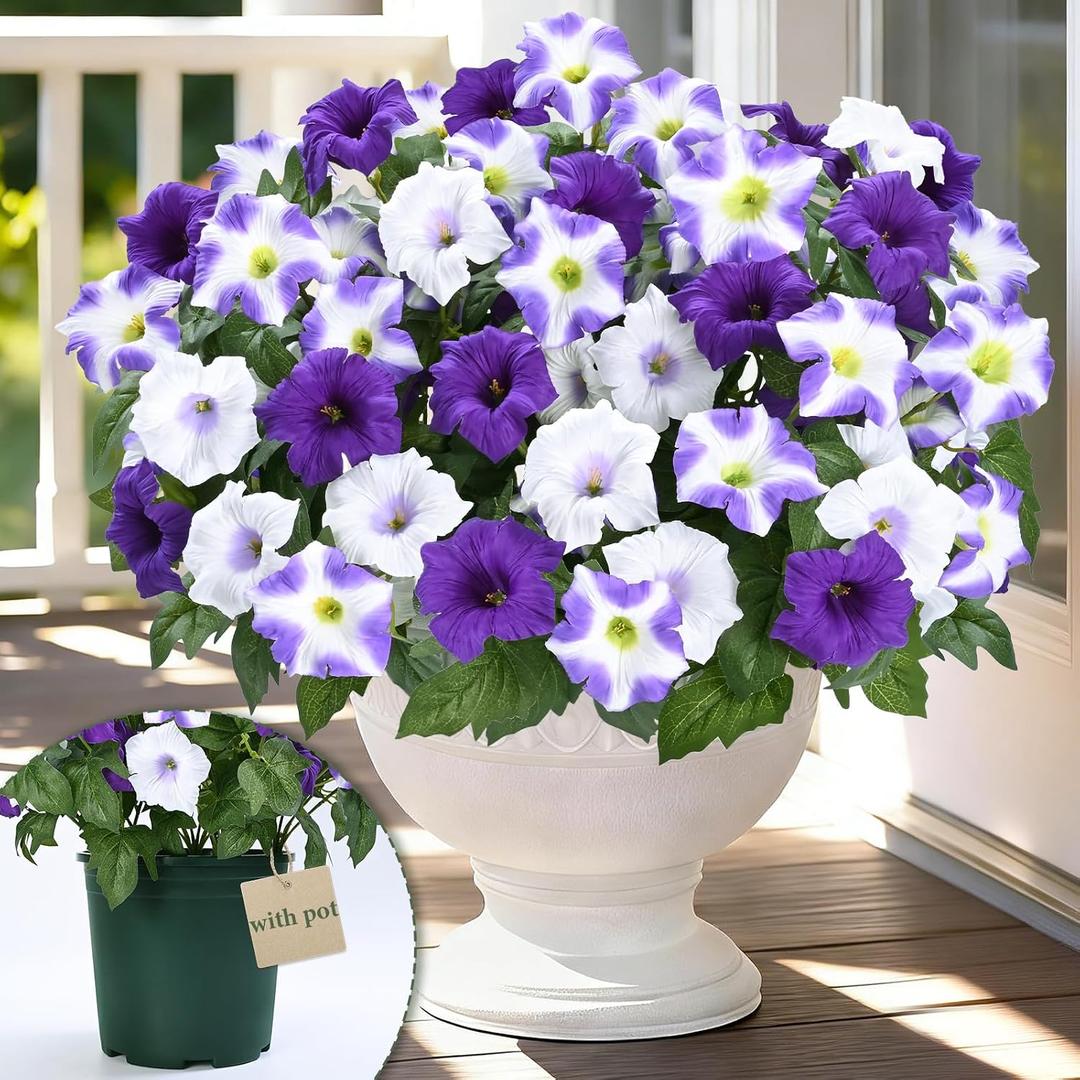 MARTINE MALL Artificial Flowers for Outdoors, 1 Potted Realistic Fake Outdoor Flowers, UV Resistant Silk Petunia Flower for Outside Look Real Faux Flower Plants in Pot for Porch Garden Decor, 20''
