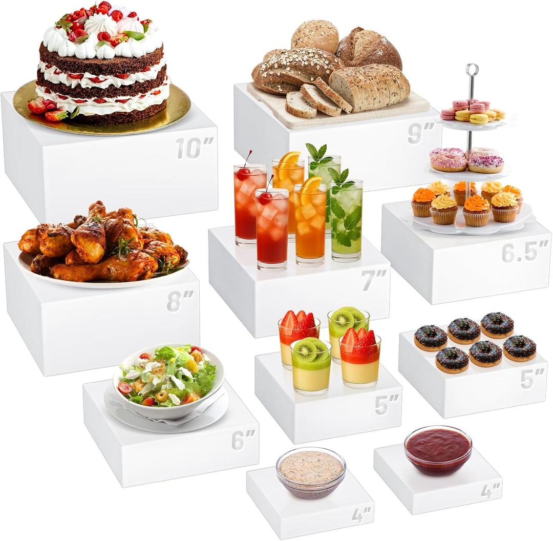 10 Pcs Buffet Food Risers, White Acrylic Dessert Cupcake Table Stands Fruit Display Shelf Set for Catering Supplies Party Jewelry Show Decor Display Risers Cube Box Nesting with Hollow Bottoms 8 Sizes