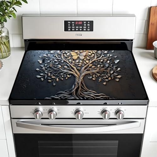 AOHMPT Multi-Design Stove Top Cover for Glass/Electric Stoves - 3-in-1 Heat-Resistant Protector Mat, Non-Slip Drying Rack 28"x20" (Tree of Life - Black, 28" L x 20" W)