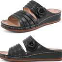 HARENCE Sandals for Women Wedge Slides: Comfortable Summer Beach Platform Shoes with Flowers Dressy Memory Foam Slip On Slide Sandals (7, Black)