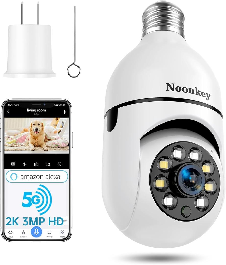 2K/3MP Light Bulb Security Camera, 5G& 2.4GHz WiFi Alexa E27 360 Light Socket Camera for Outdoor, Wireless WiFi Home IP Camera with Motion Tracking Alarm, Color Night Vision,Two-Way Talk