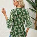 Rapbin Women Dressy Blouse 3/4 Sleeve Tiered Bell Sleeve Double Layers Mesh Shirt Trendy Flowy Tunic (Small, A2 Green Yellow Floral)