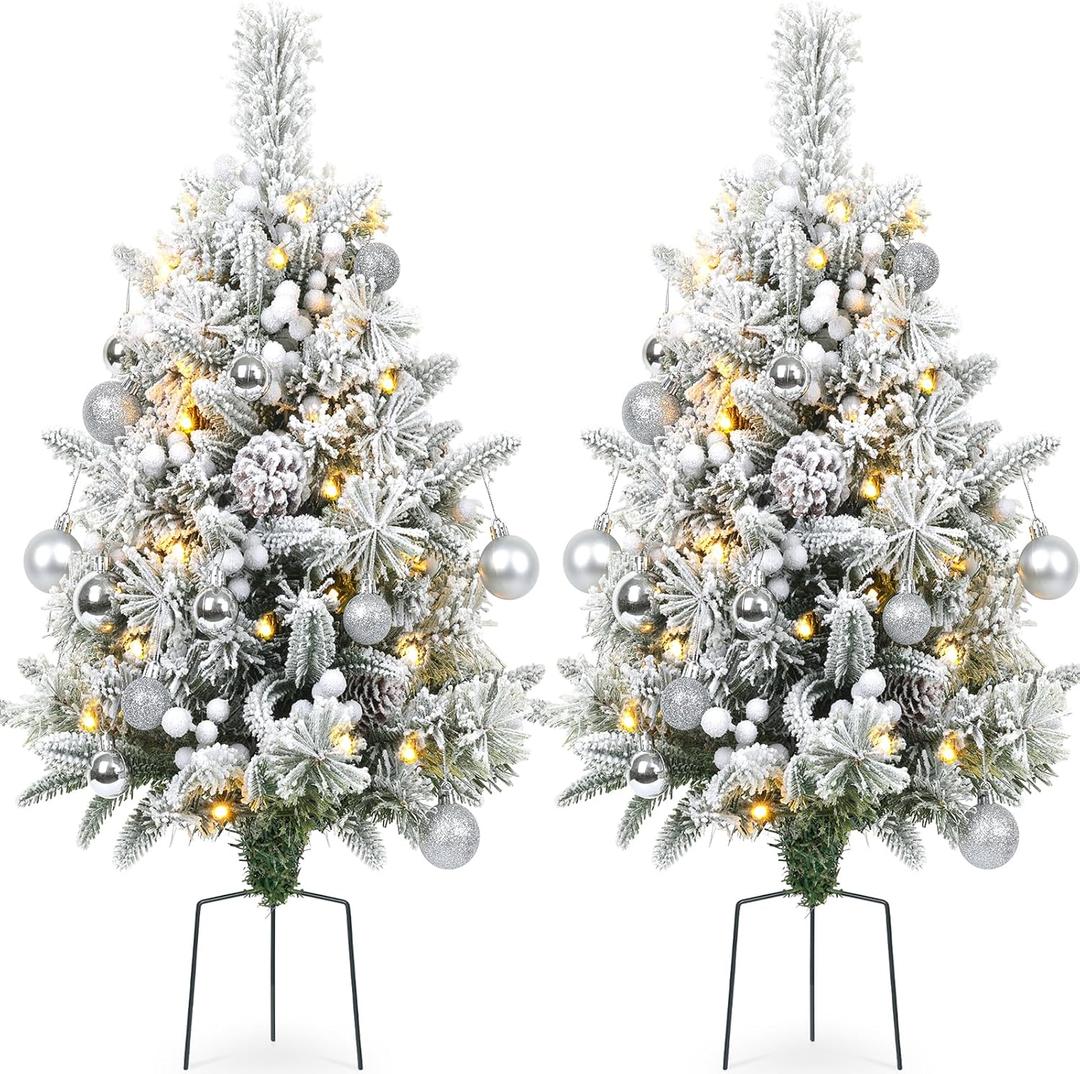 Set of 2 30 Inch Prelit Outdoor Christmas Trees, Artificial Battery Operated Snow Flocked Xmas Tree with Stake, Silver Berries, Pine Cones, Ball Ornaments, 8 Lighting Modes & Timer Included