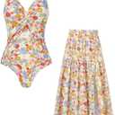 GRACE KARIN Women's One Piece Swimsuits with Cover Up Skirt Tummy Control V Neck Bathing Suits Multicolored Red Floral, Large