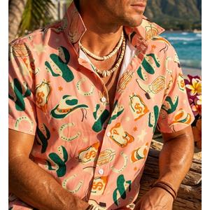 Men's Hawaiian Shirt Short Sleeves Cactus Money Printed Button Down Summer Beach Casual Shirts, Large