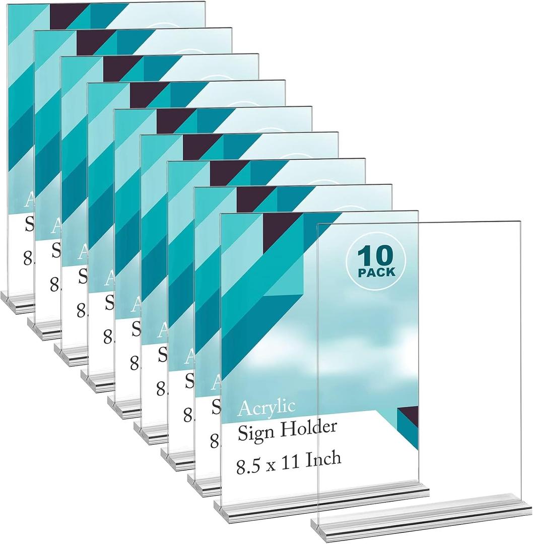 EHWINE Acrylic Sign Holder 8.5 x 11 In, 10 Pack Double-Sided Stand up Table Top Sign Holders, Clear Acrylic Picture Frame Menu Flyer Paper Holder Display Stand for Office Business Store Wedding Party
