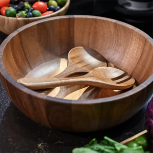 Sully Home 12" Acacia Wood Salad Bowl with Serving Spoons, 3 Pieces