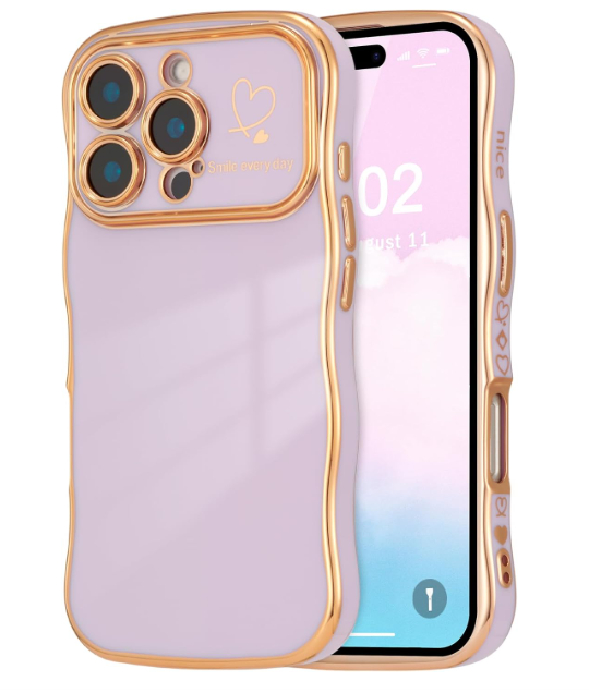 ZTOFERA for iPhone 16 Plus Case 6.7 inch,Cute Curly Wave Frame Case with Love Heart Pattern,Luxury Plating Edge Full Camera Protection Shockproof Phone Case for Women Girls-Black