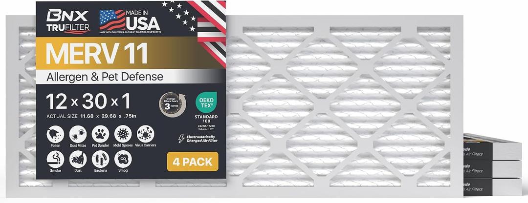 BNX TruFilter 12x30x1 Air Filter MERV 11 (4-Pack) - MADE IN USA - Allergen Defense Electrostatic Pleated Air Conditioner HVAC AC Furnace Filters for Allergies, Dust, Pet, Smoke, Allergy MPR 1200 FPR 7