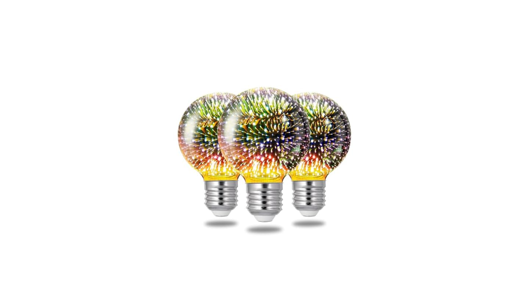 Porseme 3D Fireworks Decorative Light Bulb, E26 Base, 4W, AC100-240V, Glass Bulbs with Soft Warm Light, Shiny Decor for Home, Bedroom, Party (Included 3-Pack G80 Bulbs)