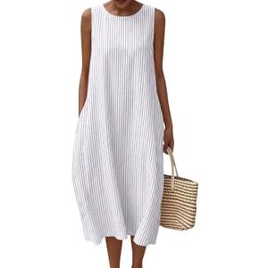LOMON Summer Dresses for Women Cotton Casual Maxi Dress Beach Vacation Long Sundresses Plaid Striped with Pockets