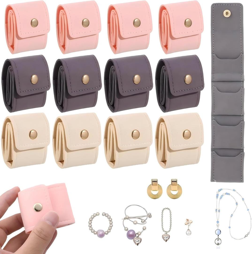 12 Pack Mini Jewelry Travel Pouch, Foldable Leather Jewelry Organizer Pouch Compact Case with Buckle Travel Accessories for Necklaces, Rings & Earrings (Beige, Pink, Gray)