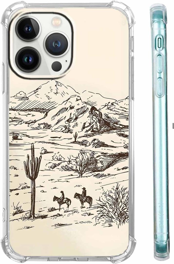 Case for iPhone 14 Pro with Vintage Cowboy Art Design,Abstract Wild West Landscape Pattern for Men Women,Clear Slim Soft TPU Bumper Case,6.1(Cowgirl,14pro)
